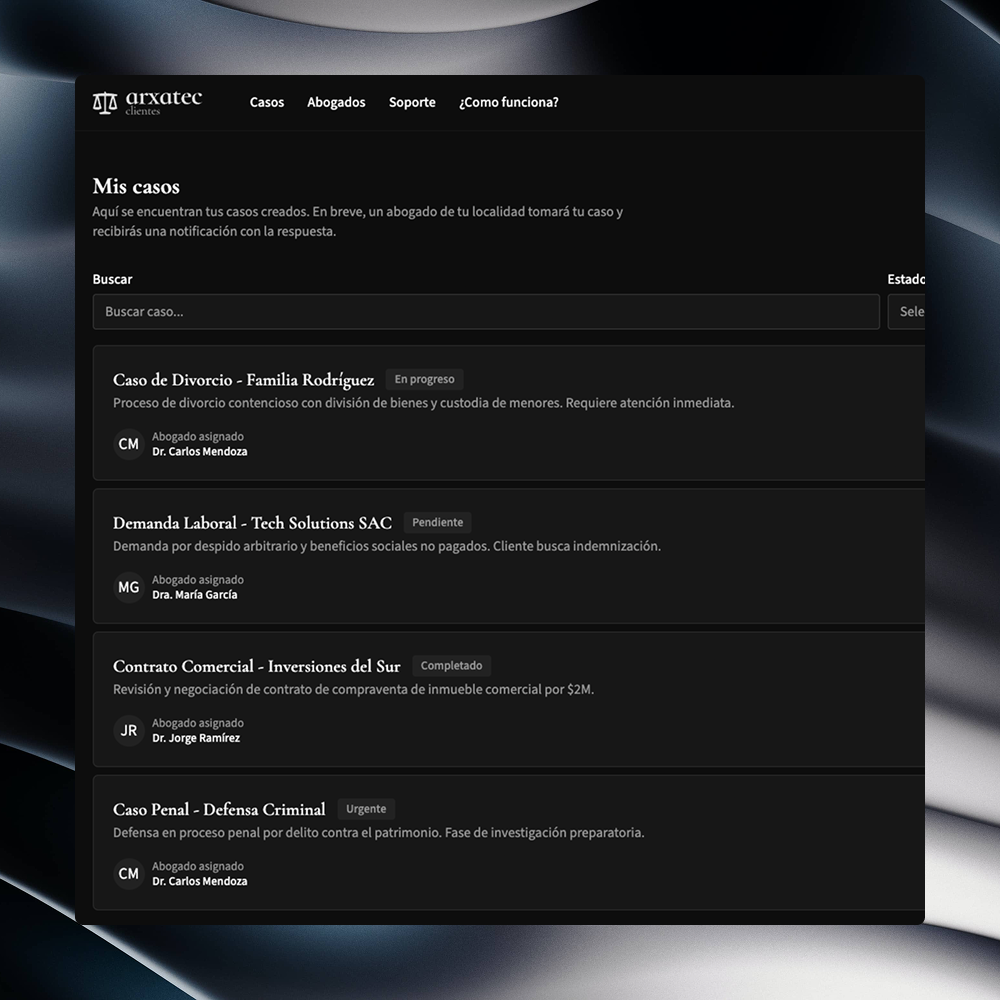 Interfaz de Arxatec para clientes (tema oscuro)